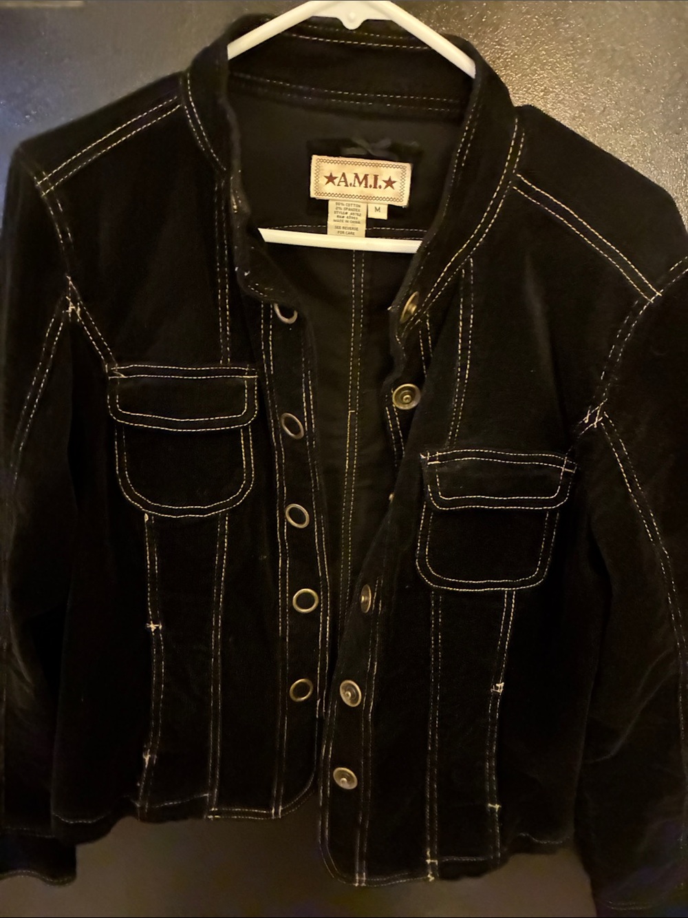 Ami Black vintage 90s Trucker Jacket with White Contrast Stitching front snaps